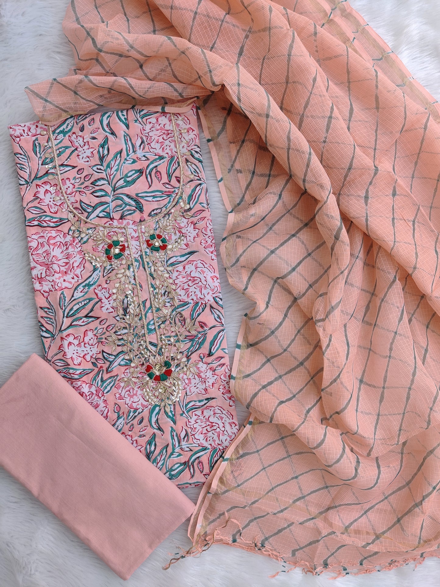 JAIPURI PRINTED GOTA PATTI NECK WORK SUITS WITH LEHRIYA KOTA DORIA DUPATTA