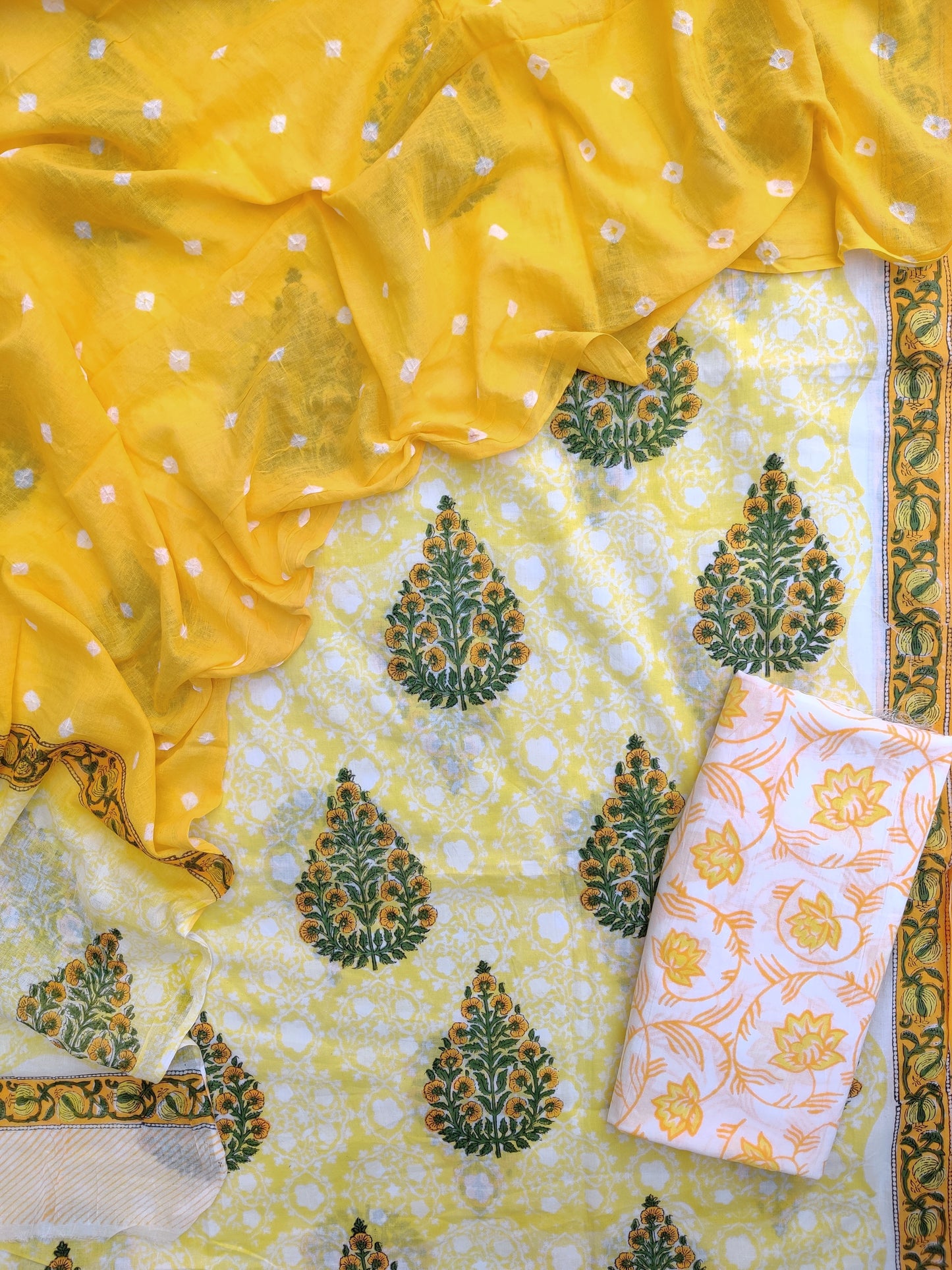 Hand Block Printed Cotton Suits with Mulmul Bandhej Dupatta