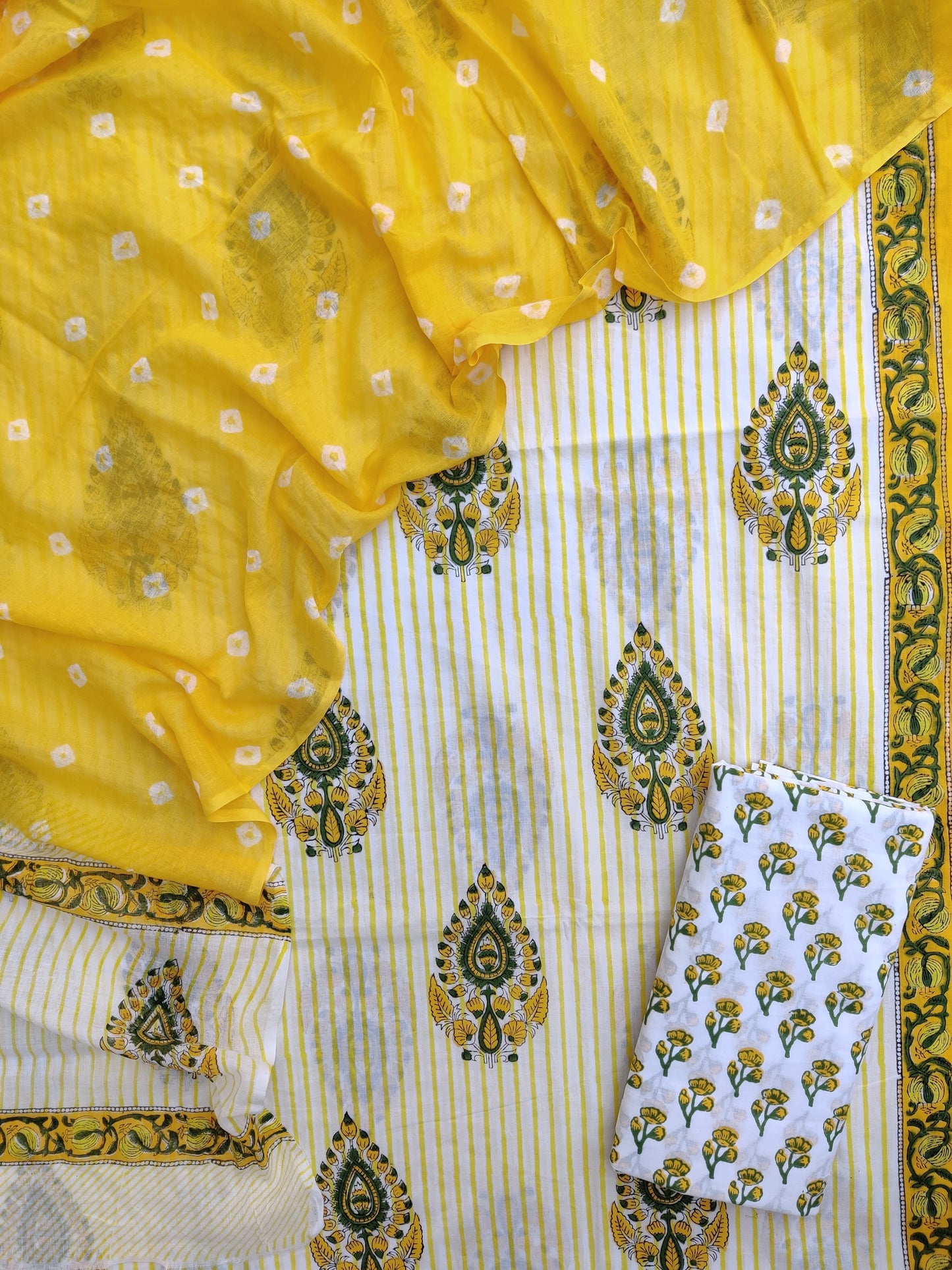 Hand Block Printed Cotton Suits with Mulmul Bandhej Dupatta