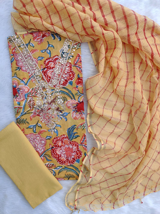 JAIPURI PRINTED GOTA PATTI NECK WORK SUITS WITH LEHRIYA KOTA DORIA DUPATTA