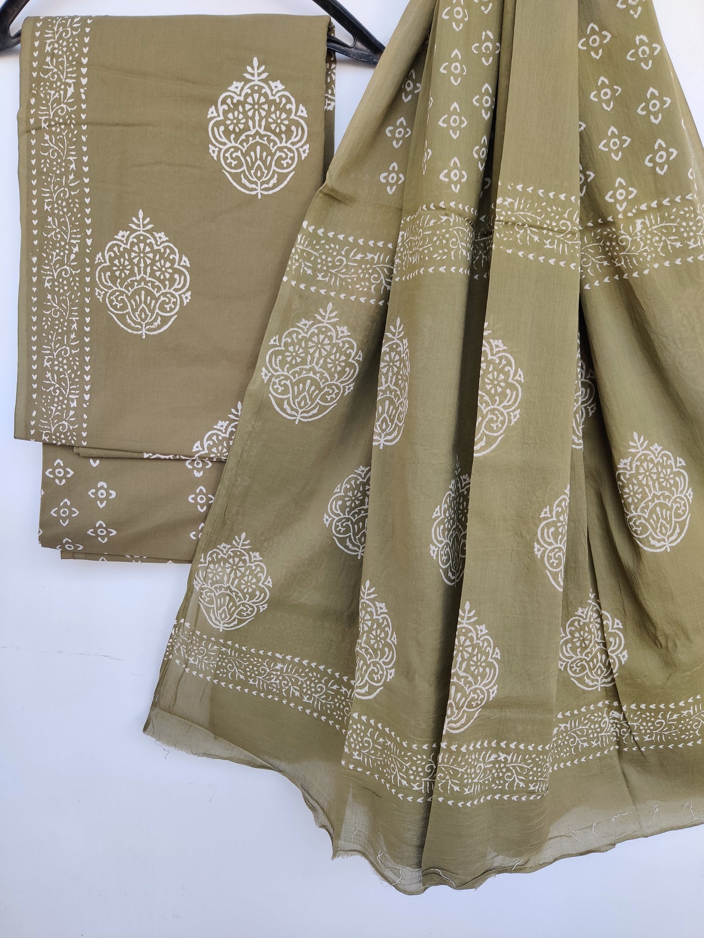 Hand Block Printed Cotton Suit With Mulmul Cotton Dupatta