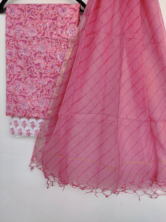 BLOCK PRINTED COTTON SUIT WITH LEHRIYA KOTA DORIA DUPATTA