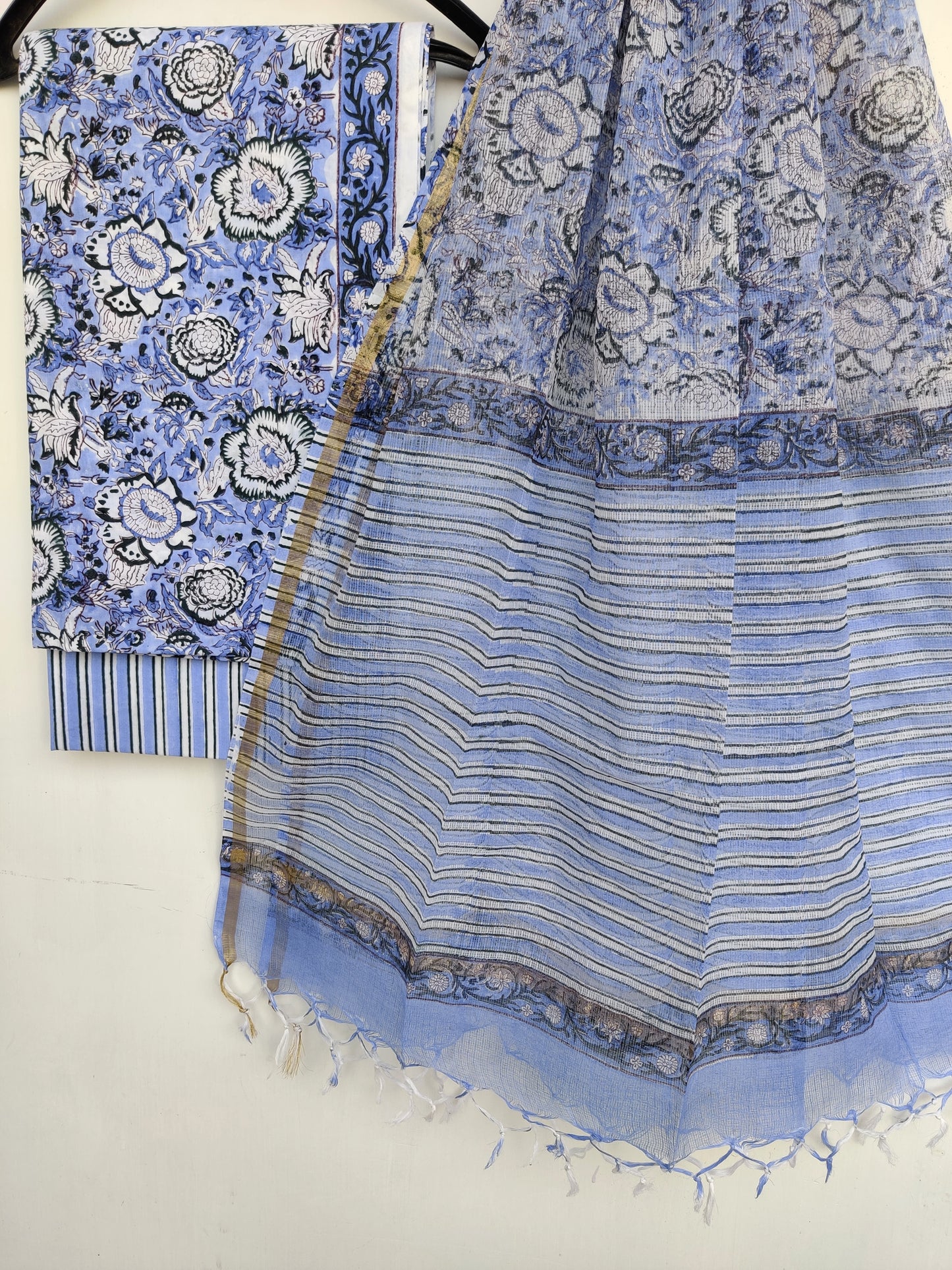 Hand Block Printed Cotton Suit with Cotton Kota Doria dupatta