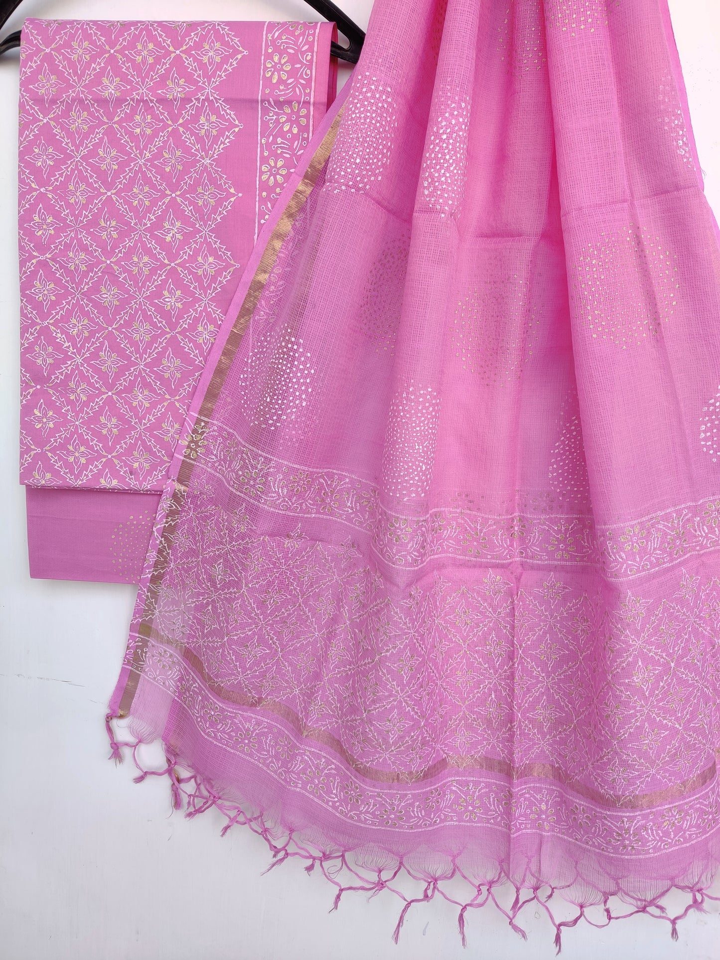 (KHADI GOLD) Hand Block Printed Cotton Suit with Cotton Kota Doria dupatta