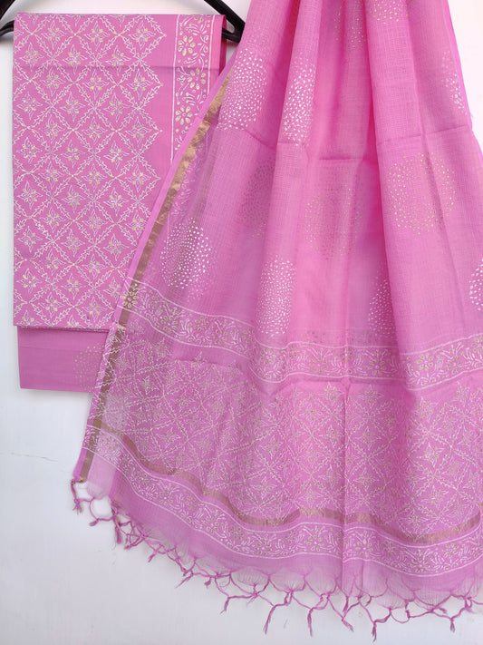 (KHADI GOLD) Hand Block Printed Cotton Suit with Cotton Kota Doria dupatta