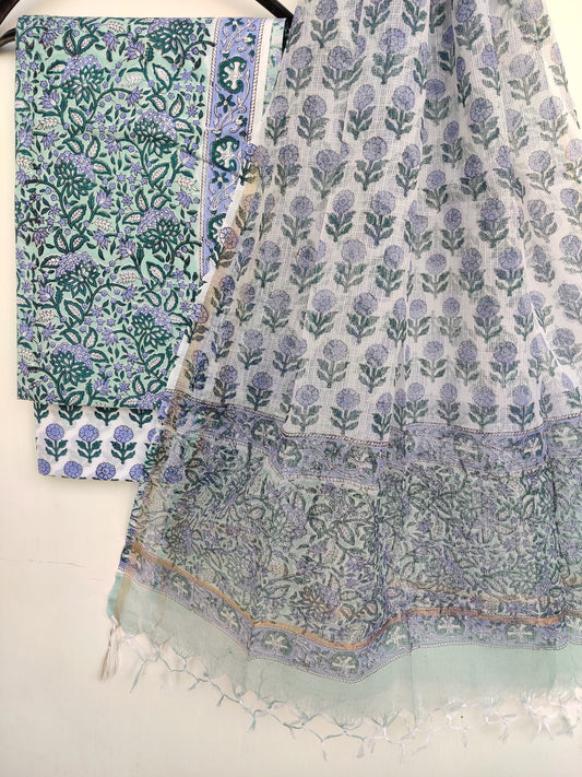 Hand Block Printed Cotton Suit with Cotton Kota Doria dupatta