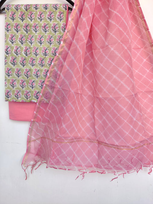 BLOCK PRINTED COTTON SUIT WITH LEHRIYA KOTA DORIA DUPATTA