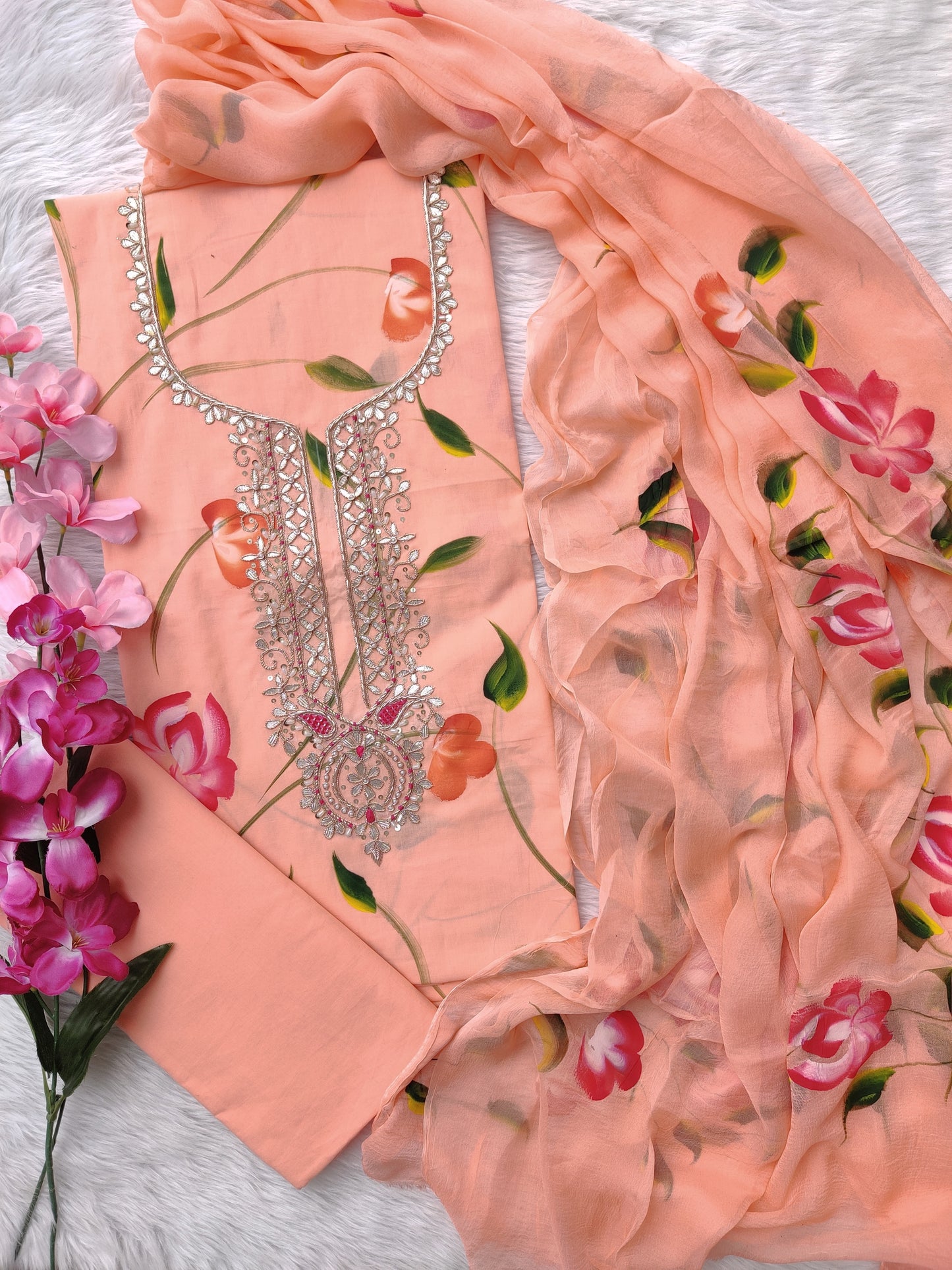 FLORAL PRINTED COTTON GOTA PATTI SUIT WITH CHIFFON DUPATTA