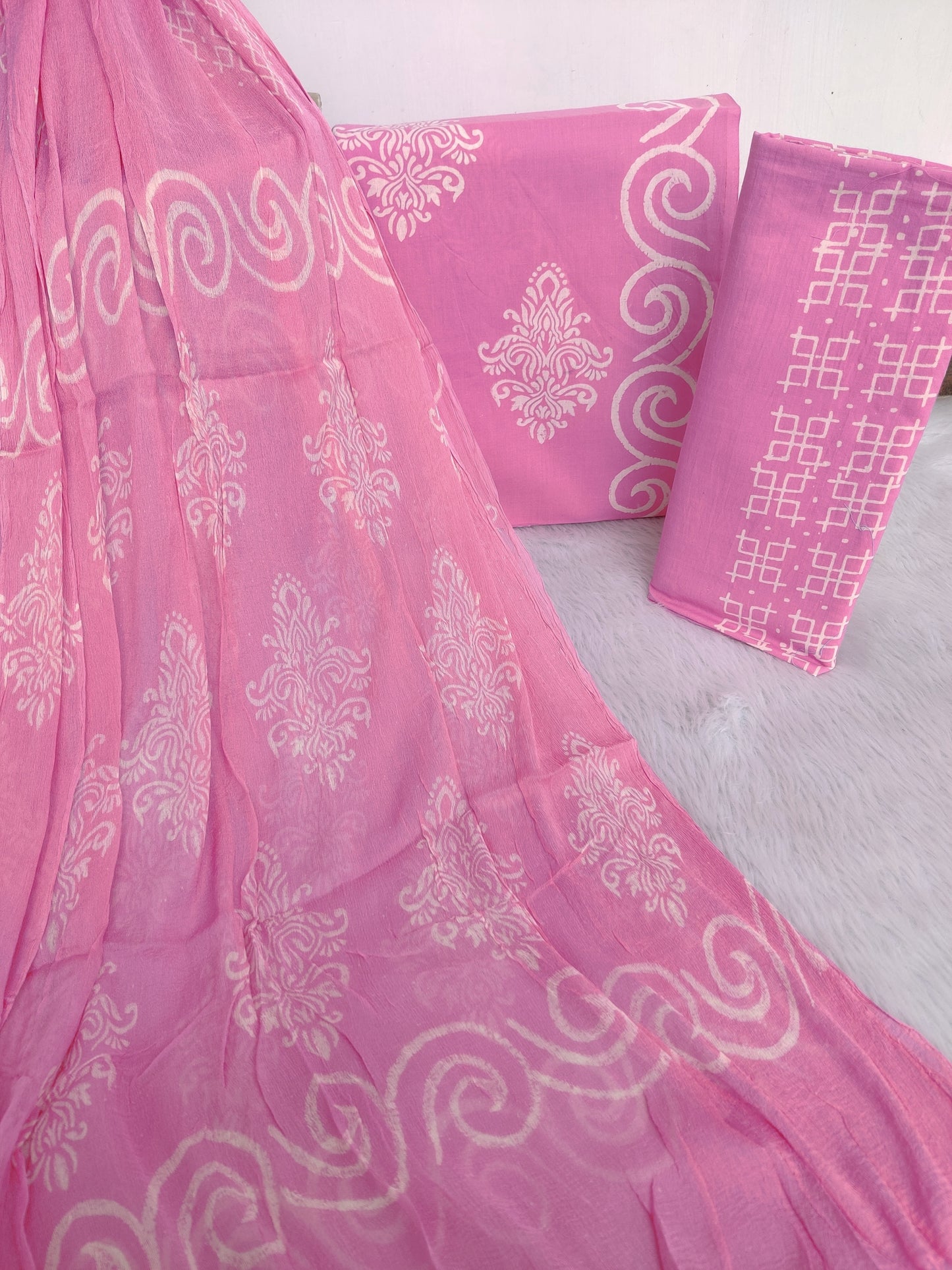 HAND BLOCK PRINTED COTTON SUIT WITH PURE CHIFFON DUPATTA