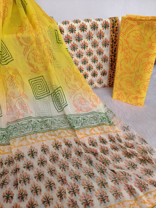 HAND BLOCK PRINTED COTTON SUIT WITH PURE CHIFFON DUPATTA