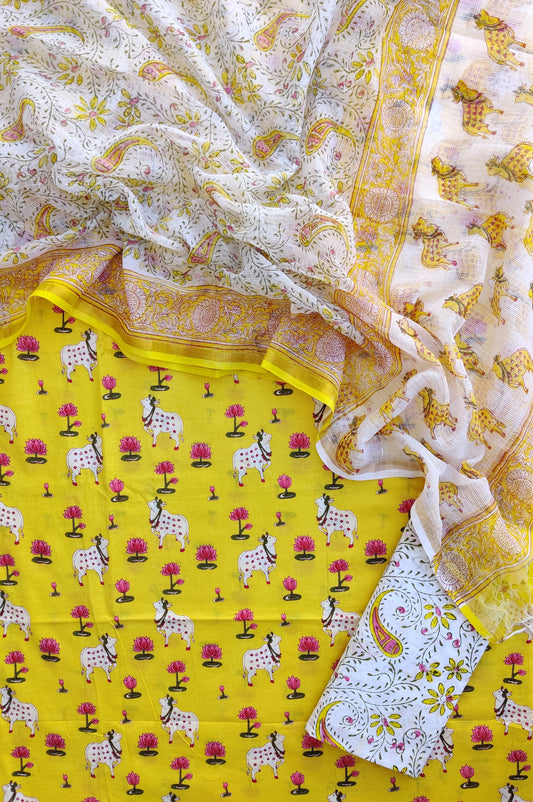 (PICHWAI) Printed Cotton Suit with Cotton Kota Doria dupatta