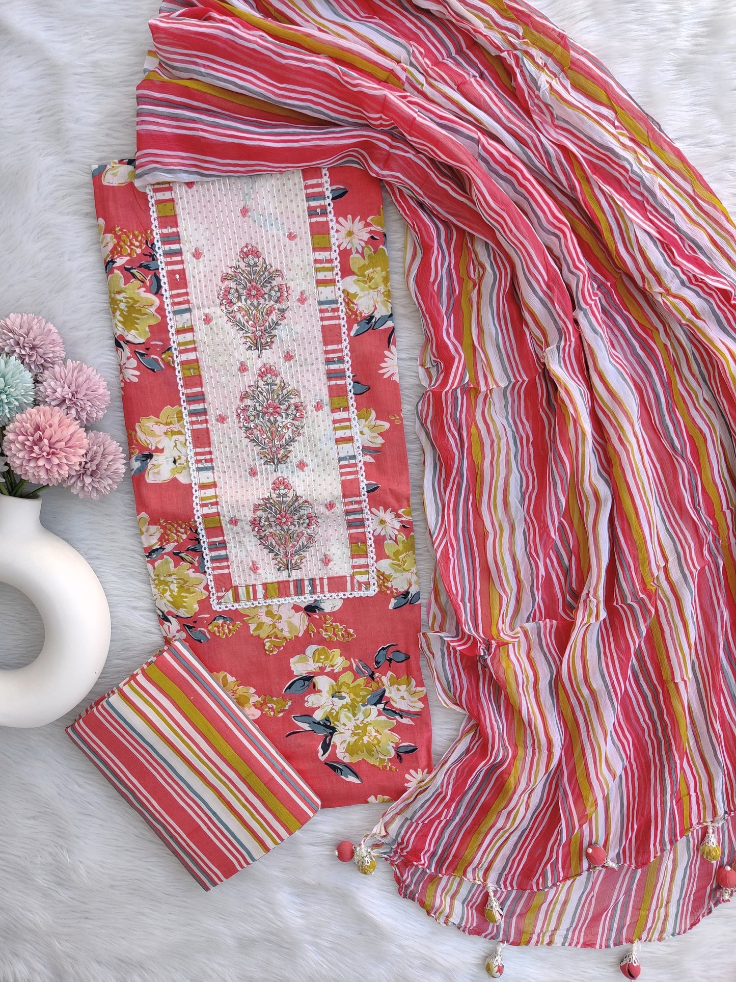 NEW LAUNCH                                    ELEGANT COTTON PRINTED NECK WORK SUIT SET WITH CHIFFON DUPATTA