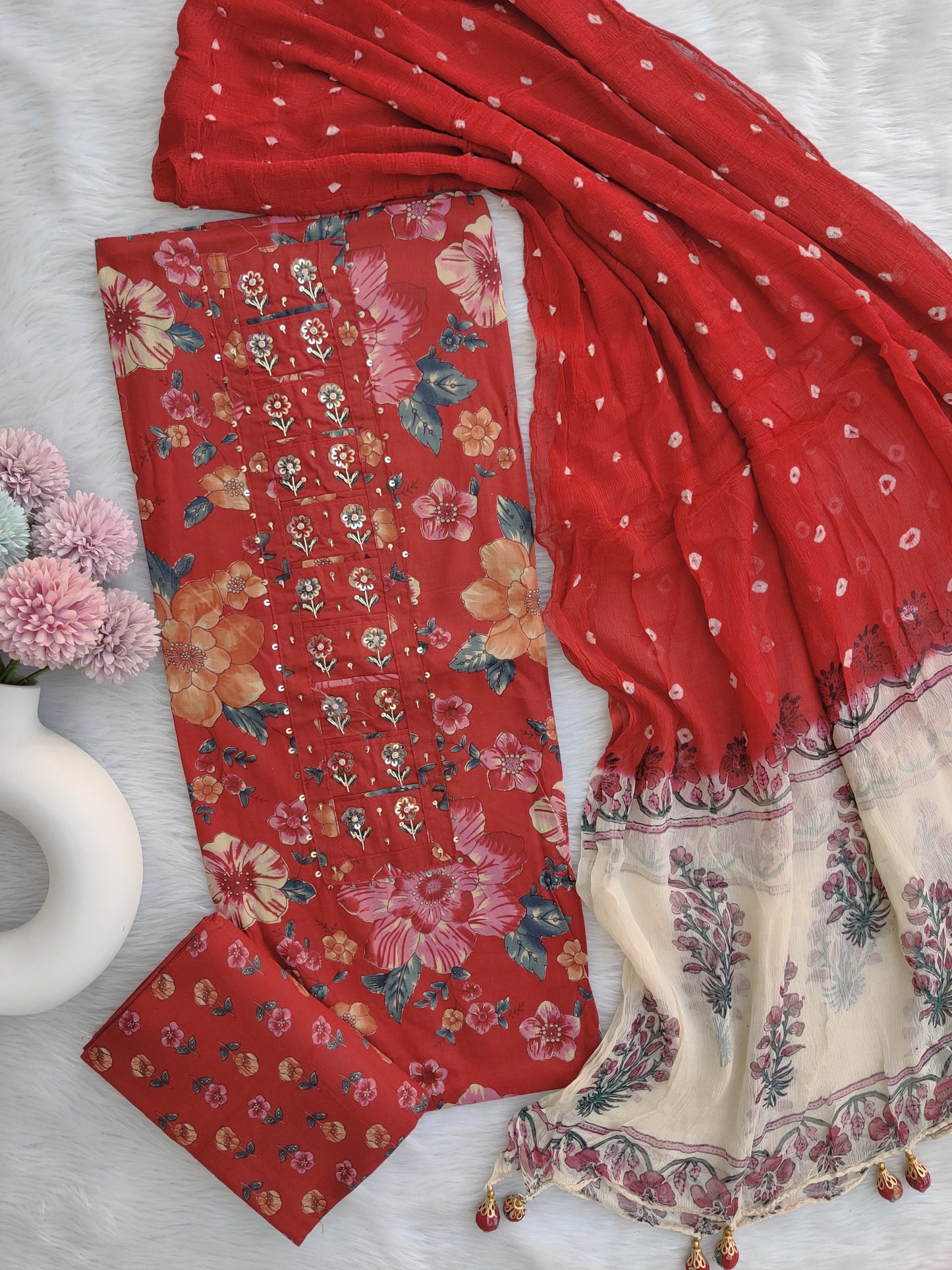 NEW LAUNCH                                    ELEGANT COTTON PRINTED NECK WORK SUIT SET WITH CHIFFON DUPATTA