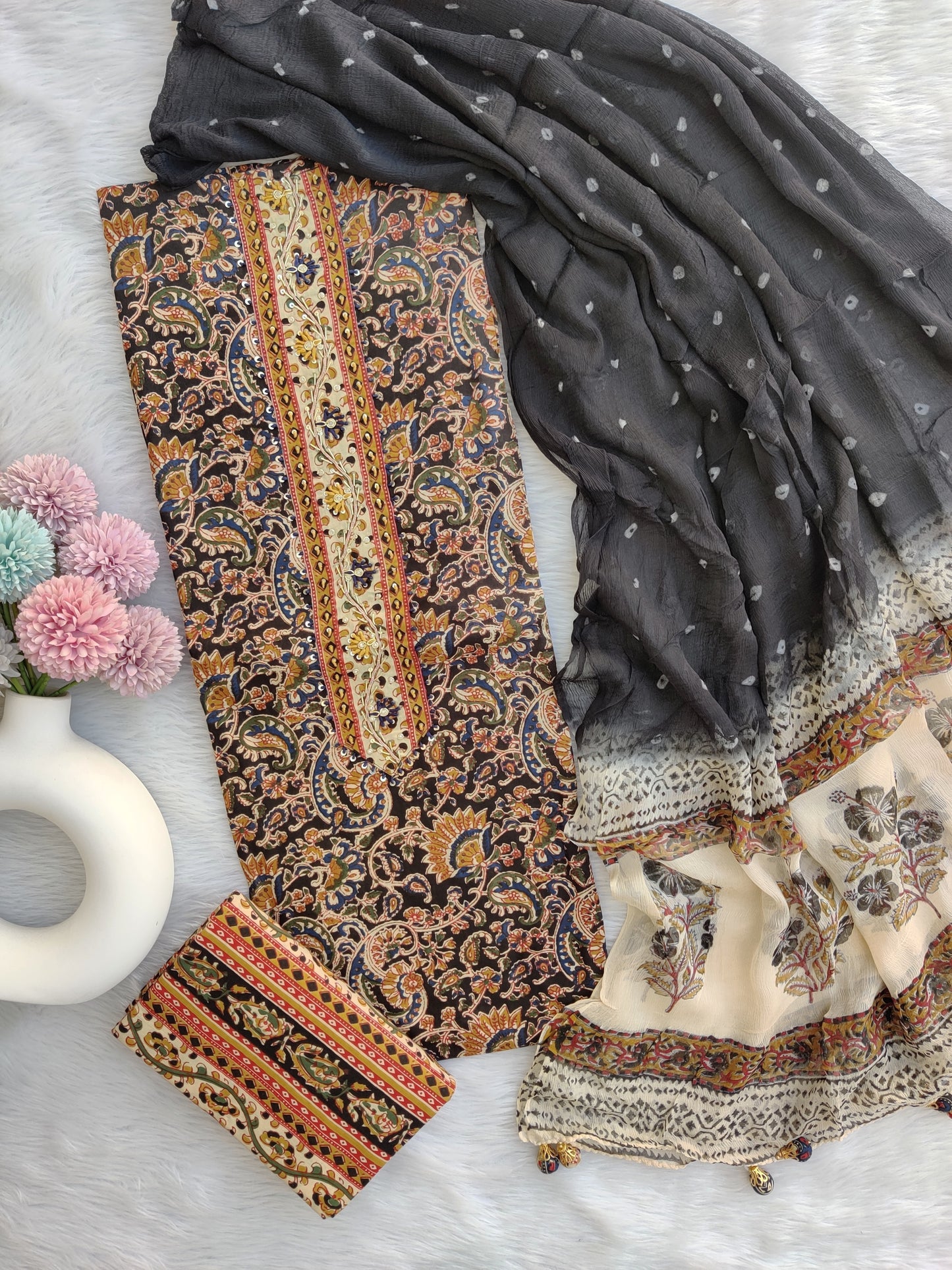 NEW LAUNCH                                    ELEGANT COTTON PRINTED NECK WORK SUIT SET WITH CHIFFON DUPATTA