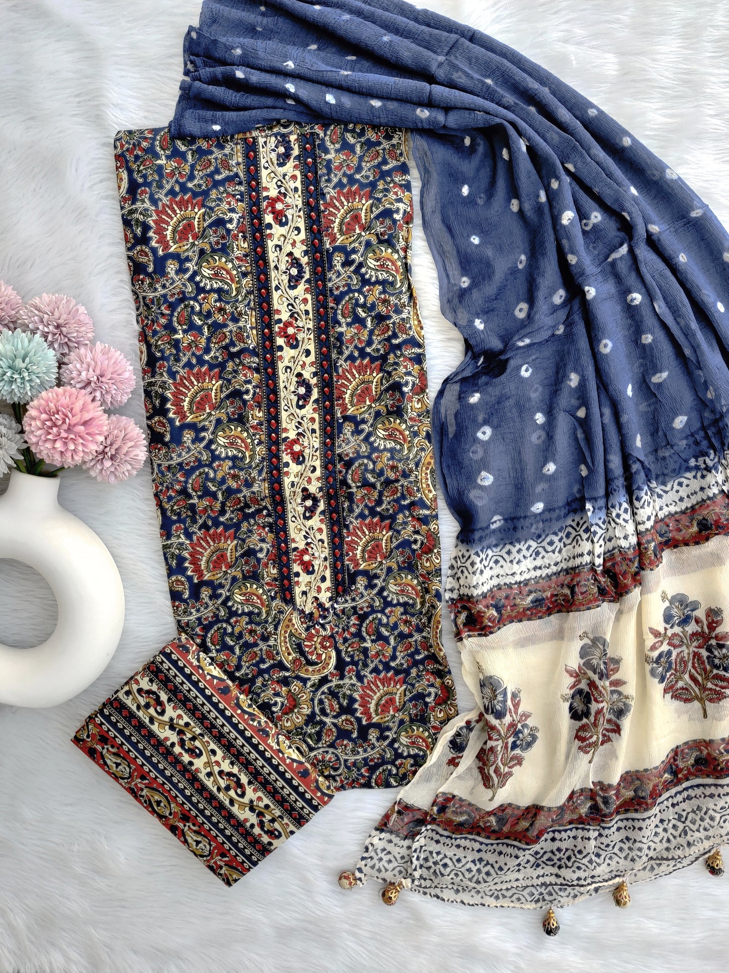 NEW LAUNCH                                    ELEGANT COTTON PRINTED NECK WORK SUIT SET WITH CHIFFON DUPATTA