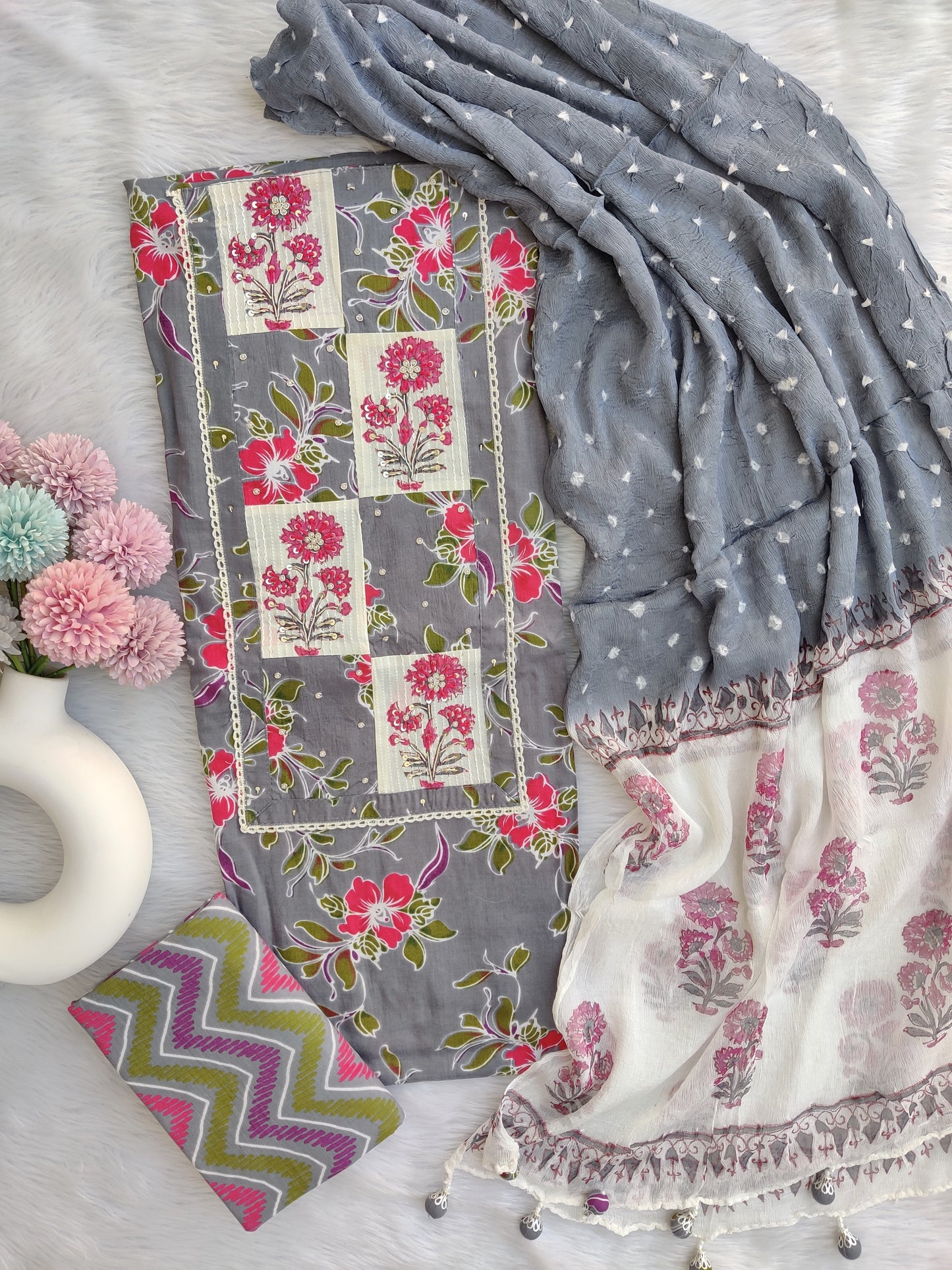 NEW LAUNCH                                    ELEGANT COTTON PRINTED NECK WORK SUIT SET WITH CHIFFON DUPATTA