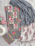 NEW LAUNCH                                    ELEGANT COTTON PRINTED NECK WORK SUIT SET WITH CHIFFON DUPATTA