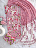 NEW LAUNCH                                    ELEGANT COTTON PRINTED NECK WORK SUIT SET WITH CHIFFON DUPATTA