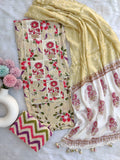 NEW LAUNCH                                    ELEGANT COTTON PRINTED NECK WORK SUIT SET WITH CHIFFON DUPATTA