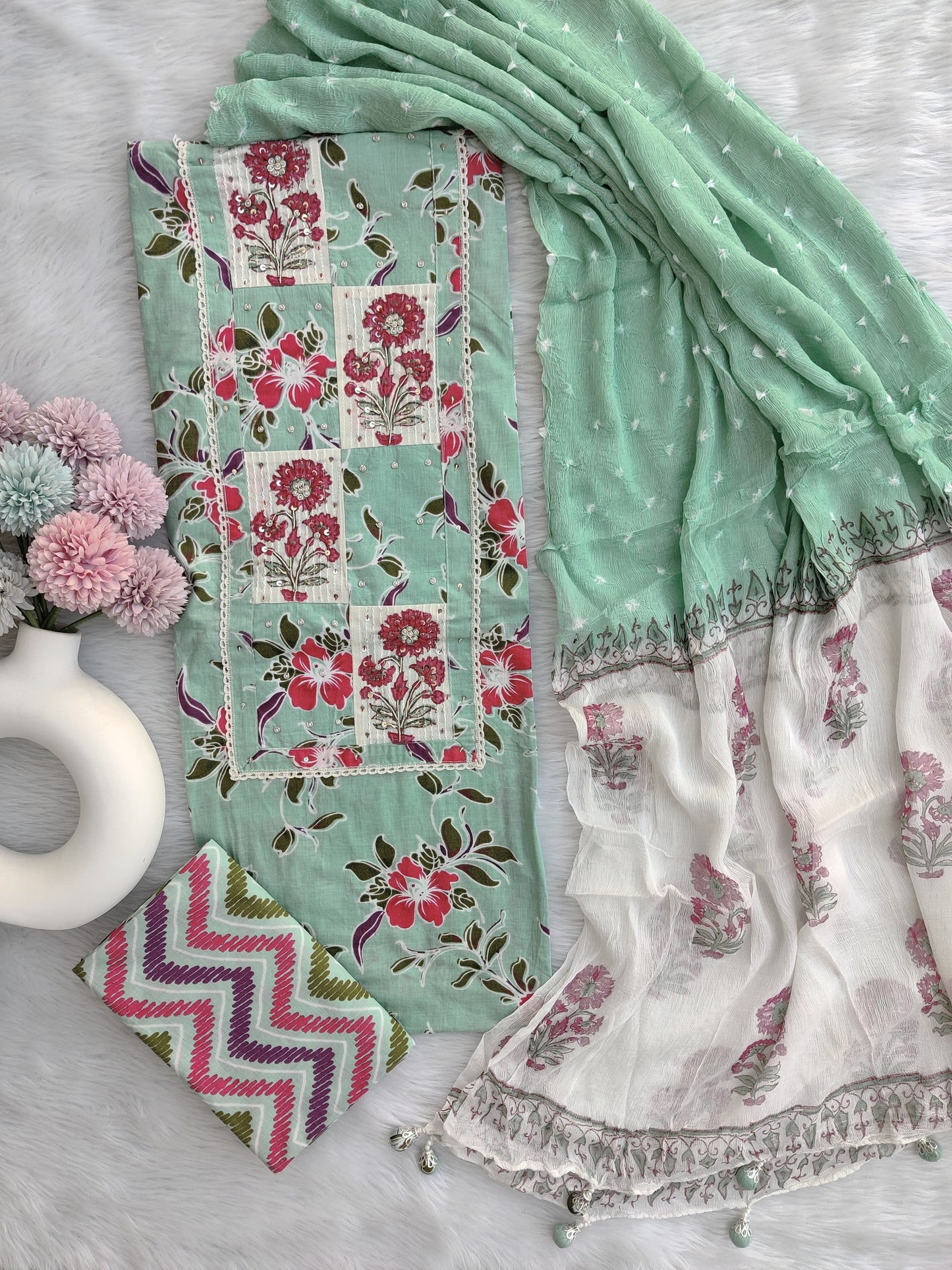 NEW LAUNCH                                    ELEGANT COTTON PRINTED NECK WORK SUIT SET WITH CHIFFON DUPATTA