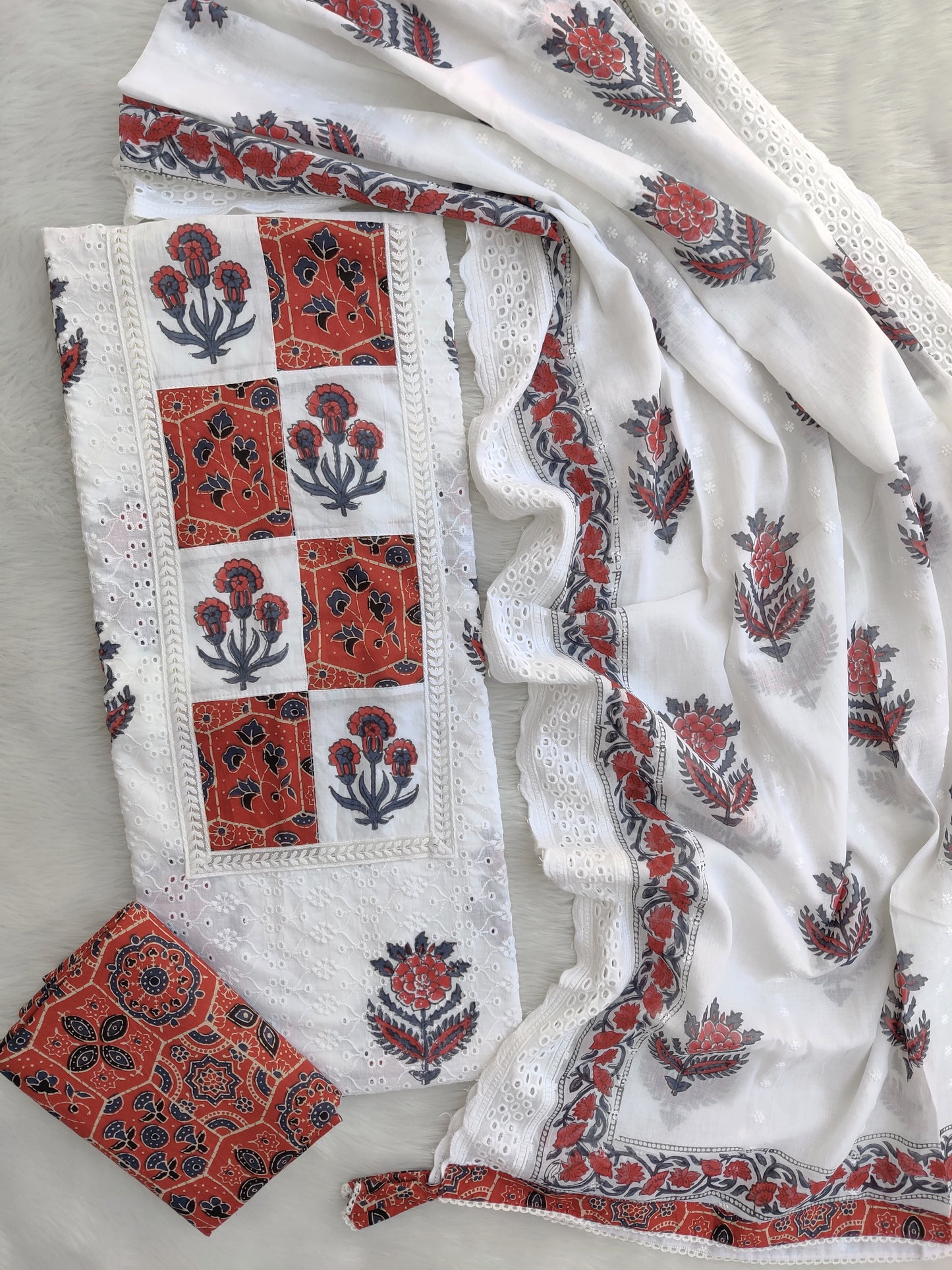 ELEGANT COTTON SCHIFFLI HAKUBA EMBROIDERY MUGHAL BUTA NECK WORK SUIT SET WITH KOTA DORIA DUPATTA