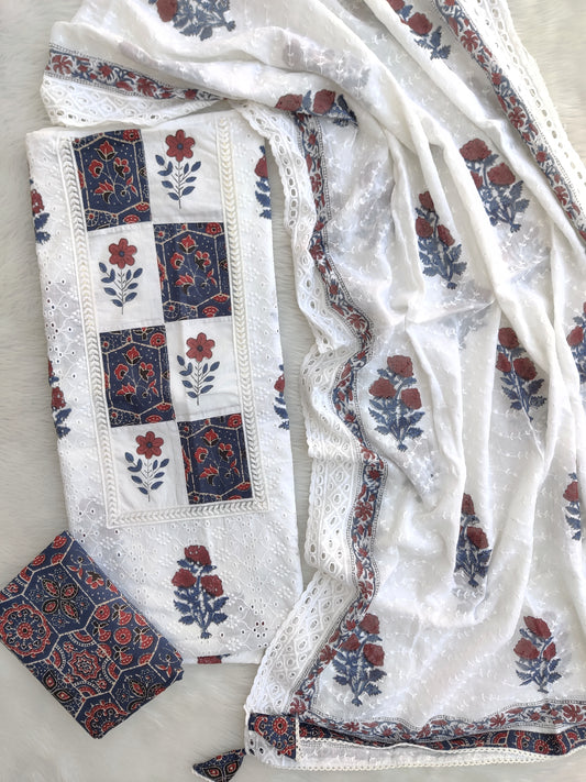 ELEGANT COTTON SCHIFFLI HAKUBA EMBROIDERY MUGHAL BUTA NECK WORK SUIT SET WITH KOTA DORIA DUPATTA