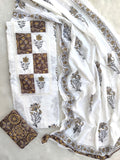 ELEGANT COTTON SCHIFFLI HAKUBA EMBROIDERY MUGHAL BUTA NECK WORK SUIT SET WITH KOTA DORIA DUPATTA