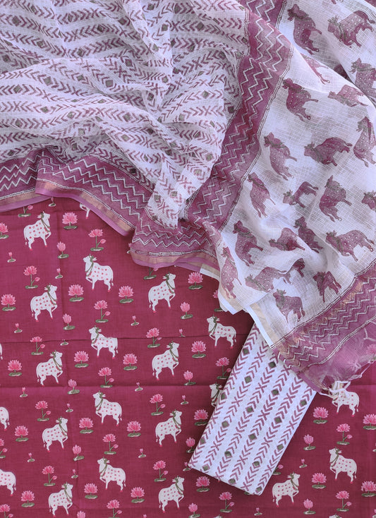(PICHWAI MARRON) Printed Cotton Suit with Cotton Kota Doria dupatta