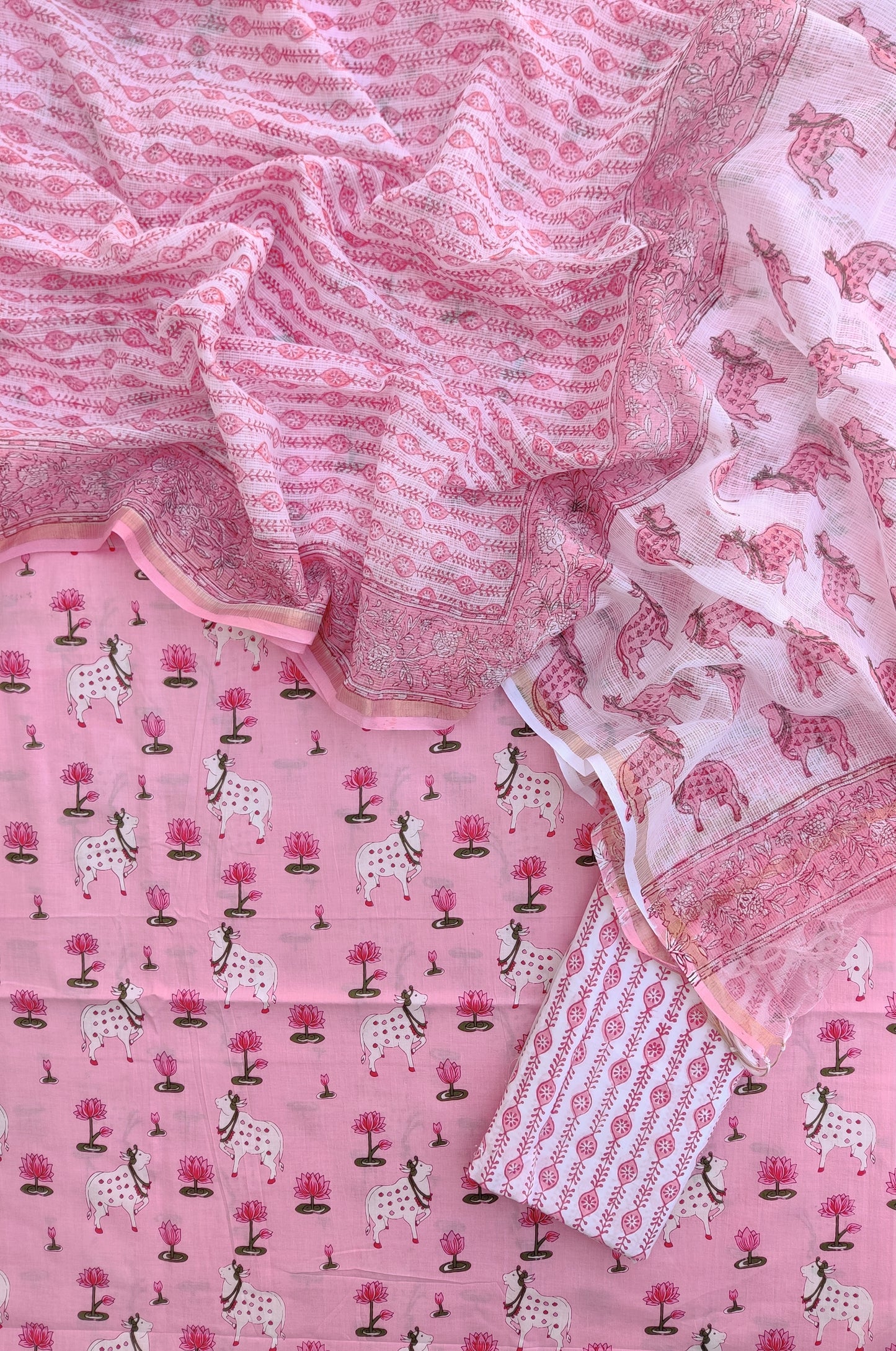 (PICHWAI) Printed Cotton Suit with Cotton Kota Doria dupatta