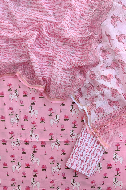 (PICHWAI) Printed Cotton Suit with Cotton Kota Doria dupatta