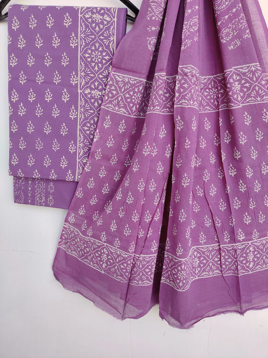 (DABU) Hand Block Printed Cotton Suit With Mulmul Cotton Dupatta