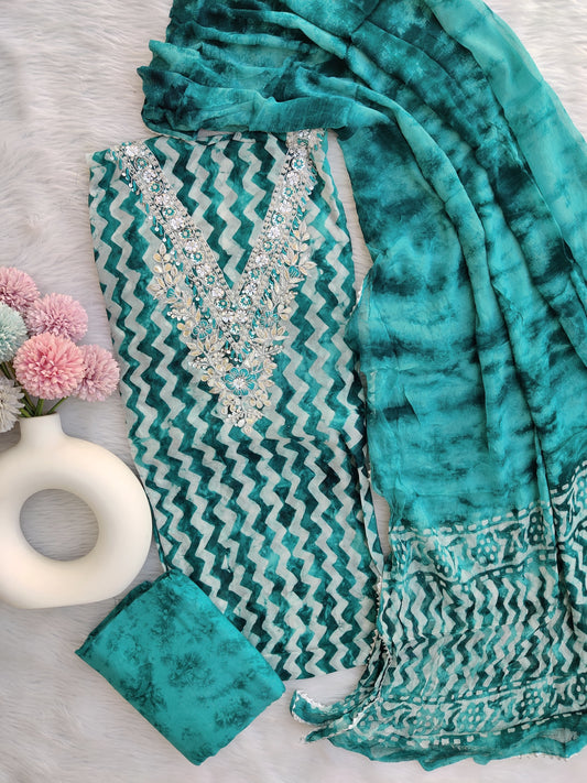 NEW LAUNCH            Exclusive Unstitched Cotton Neck Work Suits with Chiffon Dupatta