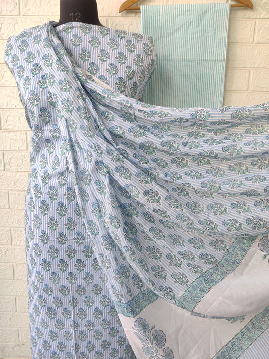 Hand Block Printed Cotton Suit With Mulmul Cotton Dupatta