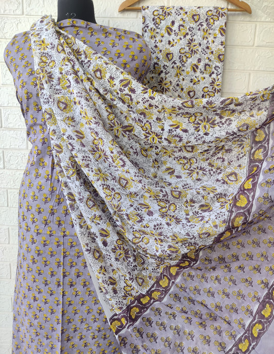Hand Block Printed Cotton Suit With Mulmul Cotton Dupatta