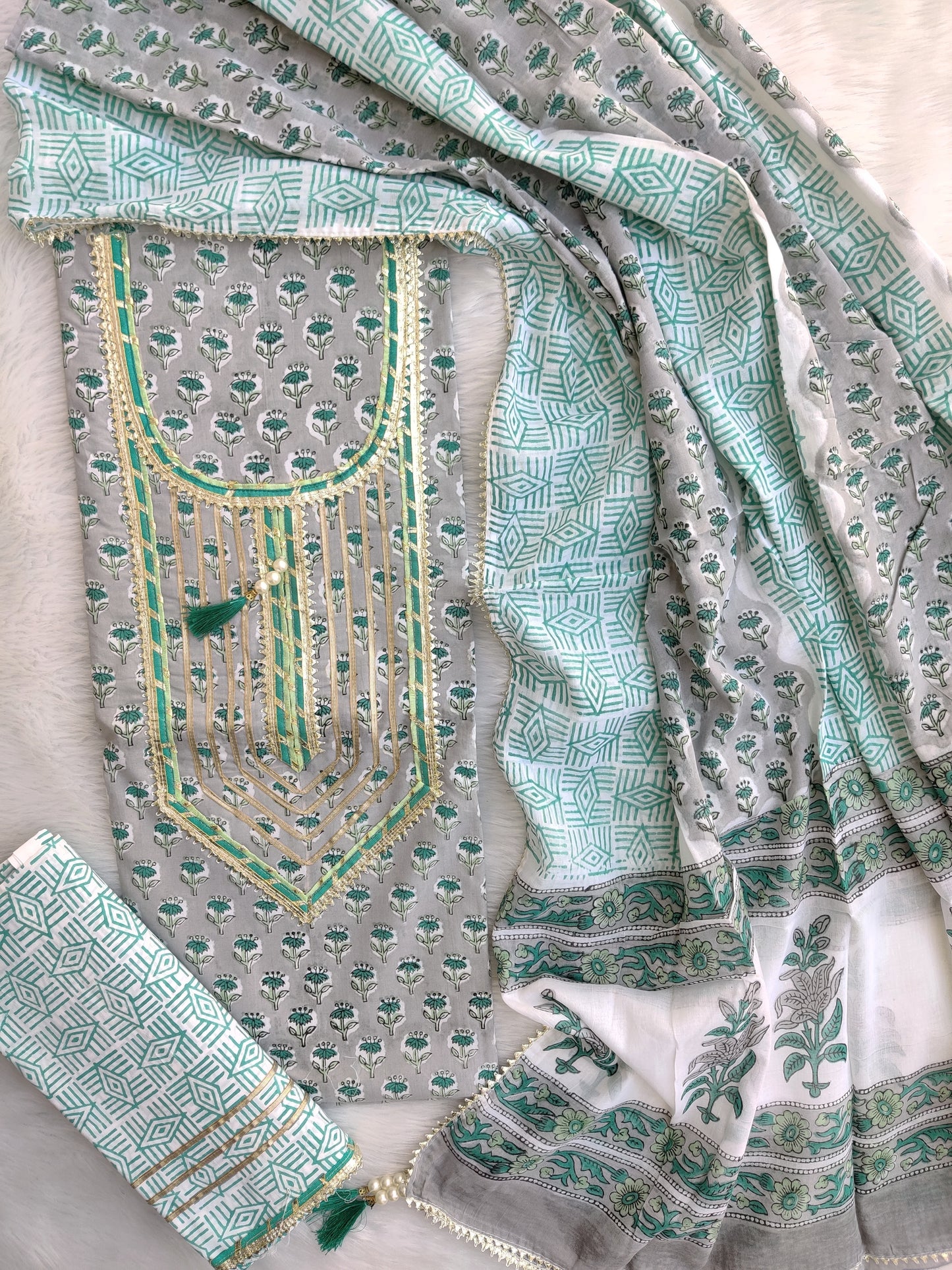 (SALE) Exclusive Unstitched Cotton Neck Work Suits with Mulmul Dupatta