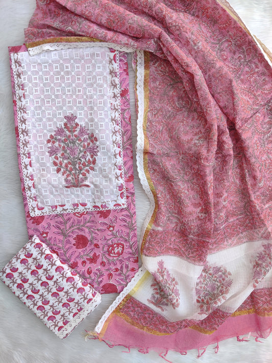 (SALE) Exclusive Unstitched Cotton Neck Work Suits with Kota Doria Dupatta