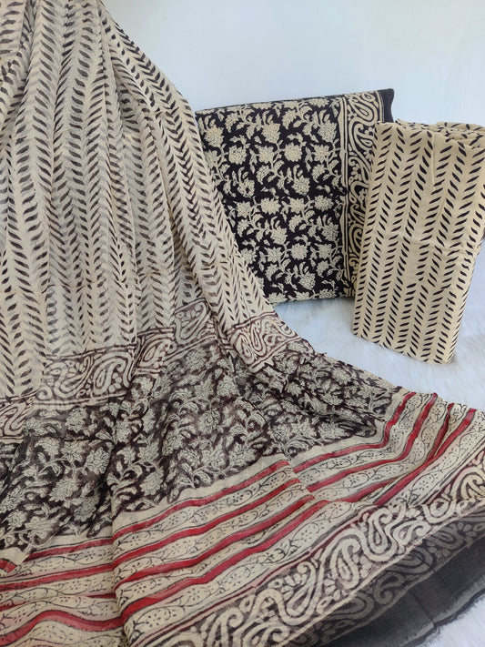 (KALAMKARI) HAND BLOCK PRINTED COTTON SUIT WITH PURE CHIFFON DUPATTA