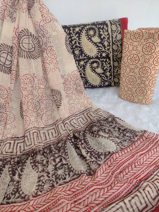 (KALAMKARI) HAND BLOCK PRINTED COTTON SUIT WITH PURE CHIFFON DUPATTA