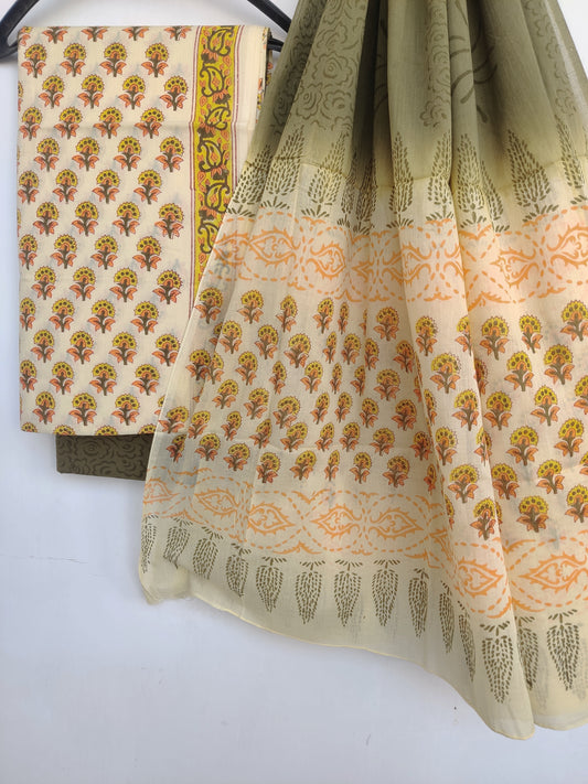 Hand Block Printed Unstitched Cotton Suit with Mulmul Dupatta