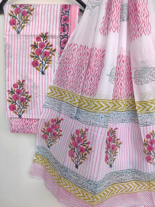Hand Block Printed Unstitched Cotton Suit with Mulmul Dupatta