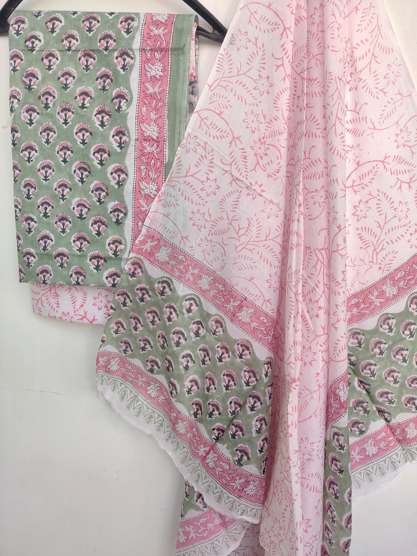 ( Hand Block Printed Unstitched Cotton Suit with Mulmul Dupatta
