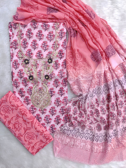 (SALE) FLORAL PRINTED COTTON GOTA PATTI SUIT WITH CHIFFON DUPATTA