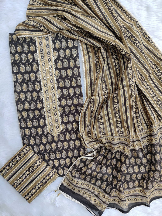 (SALE) Exclusive Cotton Printed Neck Work Suits with mulmul dupatta1