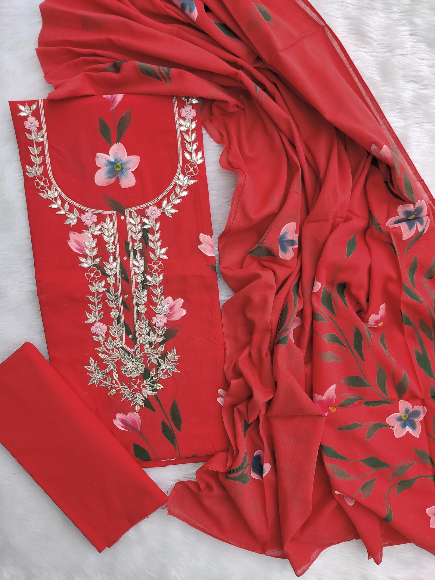FLORAL PRINTED COTTON GOTA PATTI SUIT WITH COTTON DUPATTA