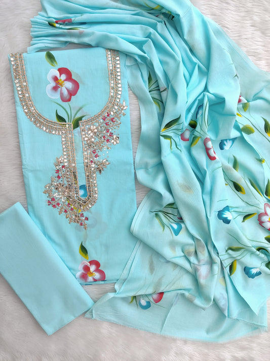 FLORAL PRINTED COTTON GOTA PATTI SUIT WITH COTTON DUPATTA