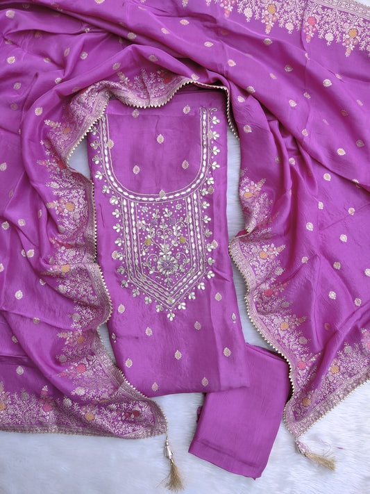 GOTA PATTI DOLA SILK SUIT SET WITH DOLA SILK DUPATTA