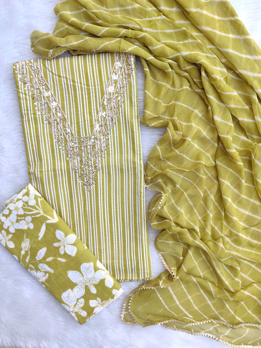 FLORAL PRINTED COTTON GOTA PATTI SUIT WITH CHIFFON DUPATTA