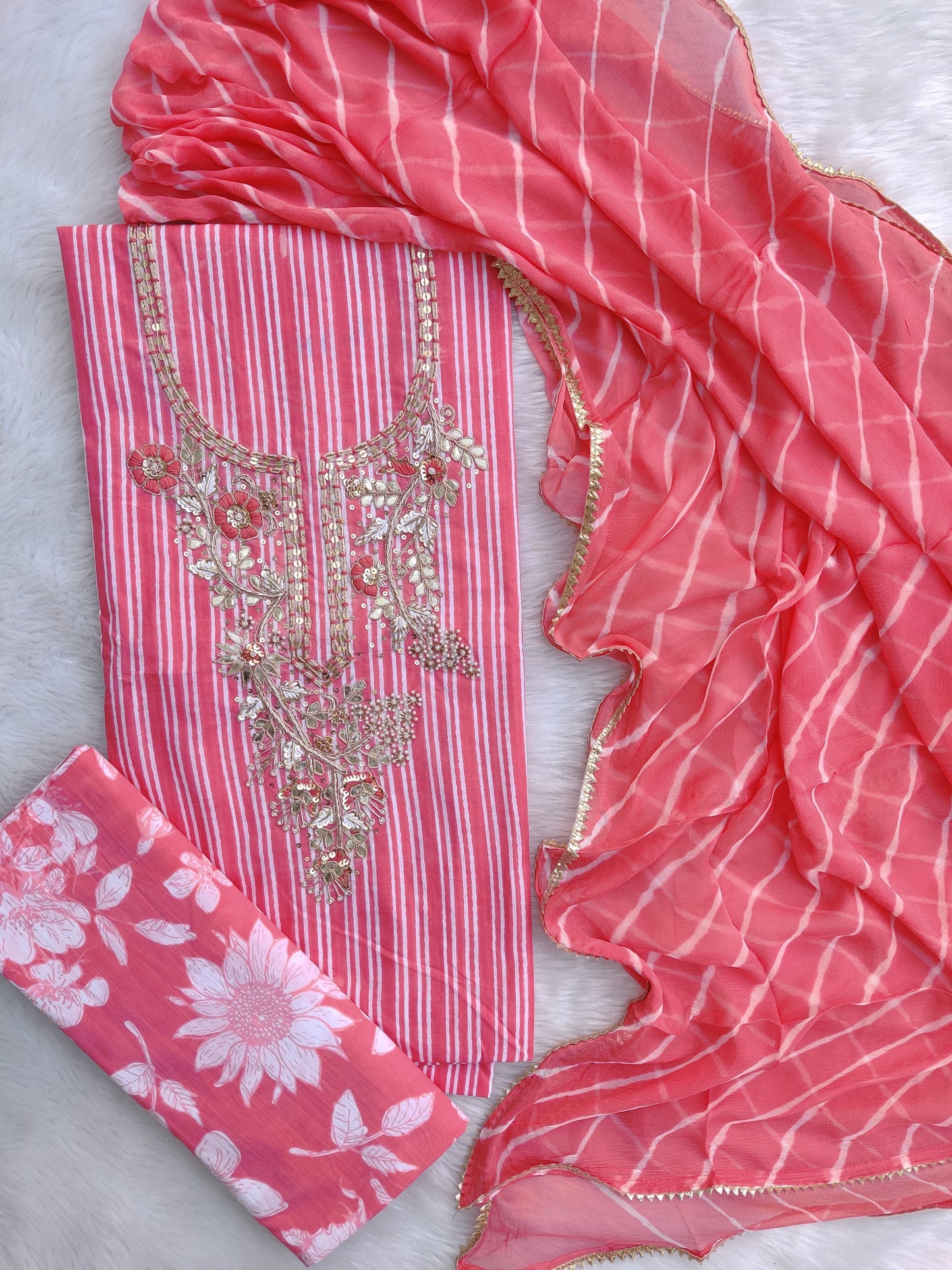 FLORAL PRINTED COTTON GOTA PATTI SUIT WITH CHIFFON DUPATTA