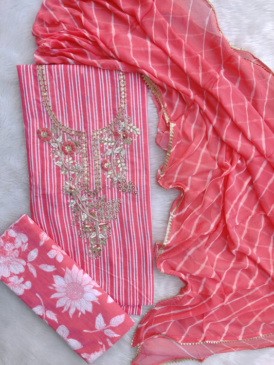 FLORAL PRINTED COTTON GOTA PATTI SUIT WITH CHIFFON DUPATTA