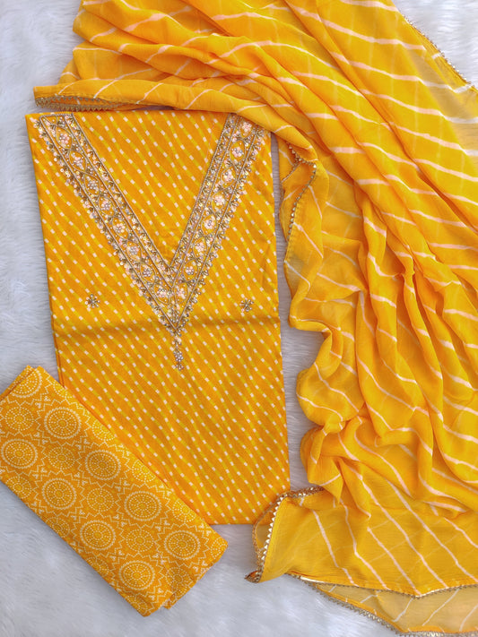 FLORAL PRINTED COTTON GOTA PATTI SUIT WITH CHIFFON DUPATTA